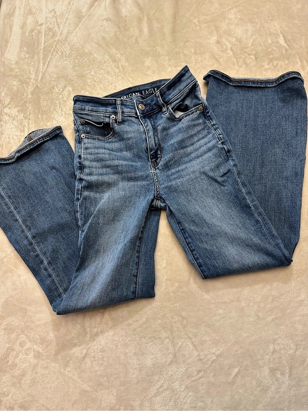 American Eagle AE Super High-Waisted Flare Jean Bootcut Blue 0 Short - Picture 3 of 7